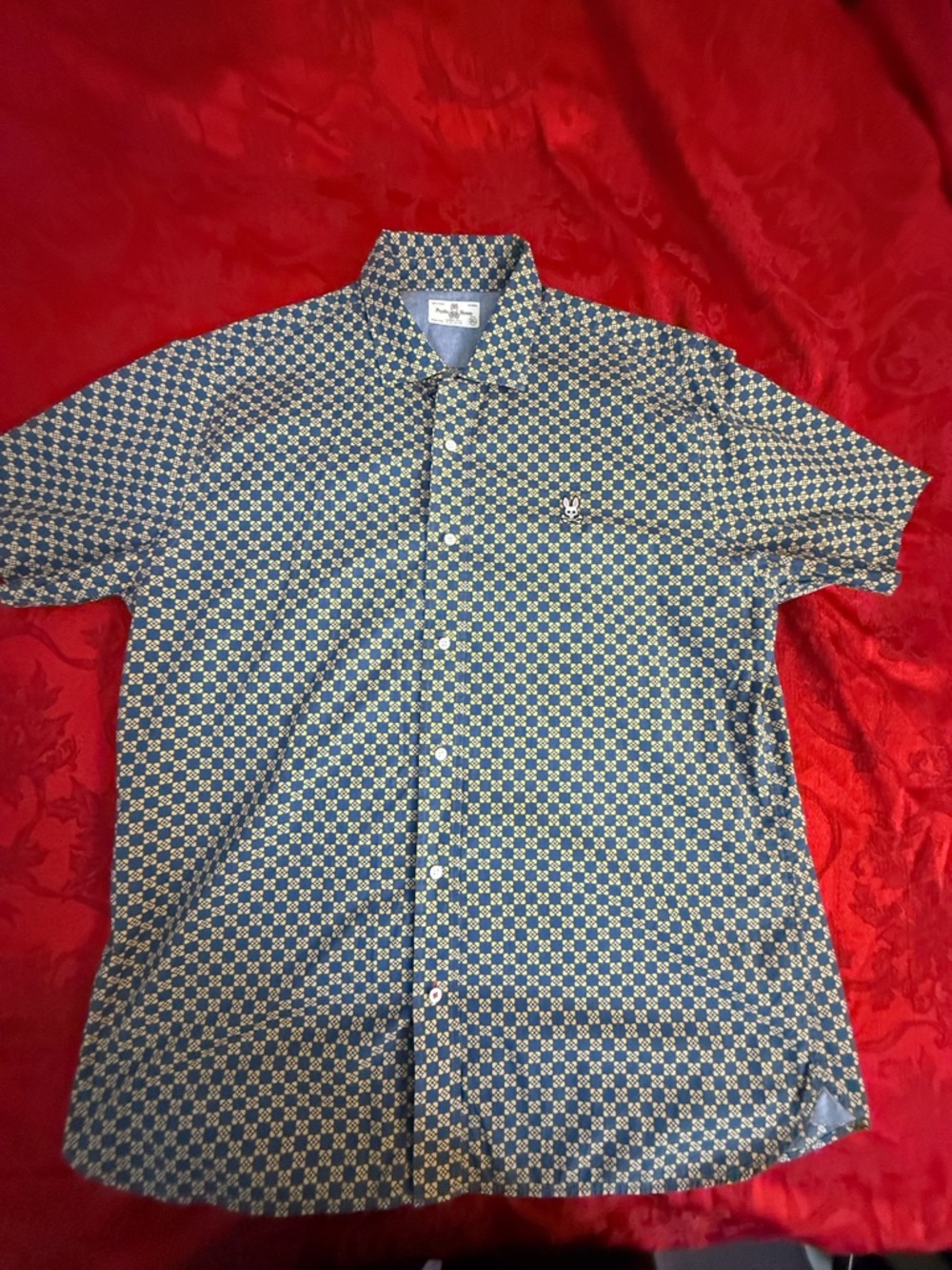 Psycho Bunny Blue and Cream Geometric Short-Sleeve Shirt